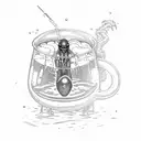 A detailed sketch of an alien brewing beer in a laboratory with a classic American glass tattoo design idea