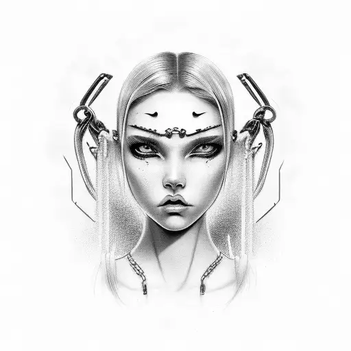 girl face with tear , thunderbolt and thresh chain tattoo design idea