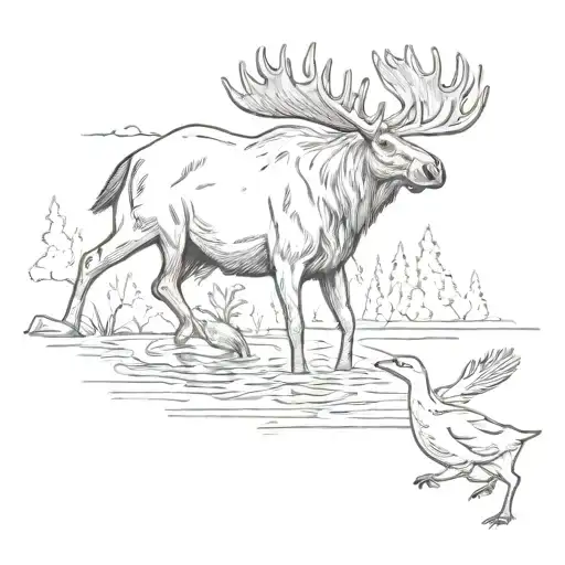a moose fighting a Canadian geese while a beaver's drinking beer hahaha tattoo design idea