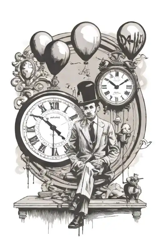 bansky man with  balloon floating ,Dali melting clock and thunder tattoo design idea