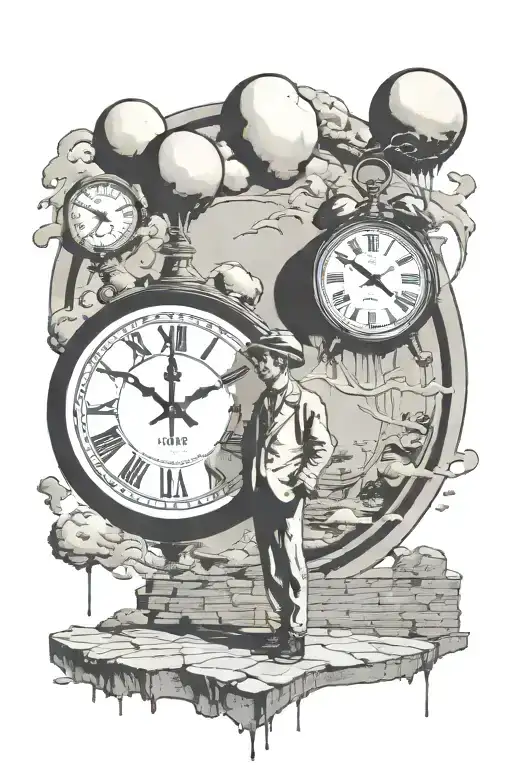 bansky man with ,Dali melting clock and thunder storm tattoo design idea