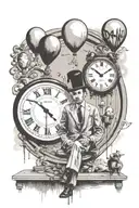 bansky man with  balloon floating ,Dali melting clock and thunder tattoo design idea
