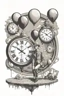bansky man with  balloon floating ,Dali melting clock and thunder tattoo design idea