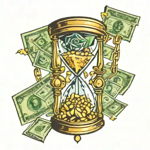 A diamond-encrusted hourglass with money flowing through it, representing the value of time and wealth tattoo design idea