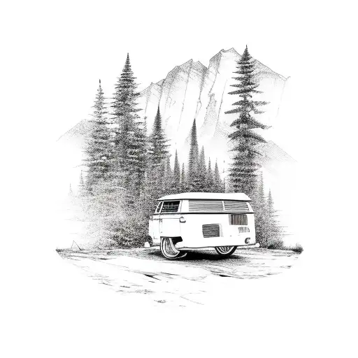 A detailed sketch of a retro camper van driving through a scenic mountain road, surrounded by lush greenery tattoo design idea