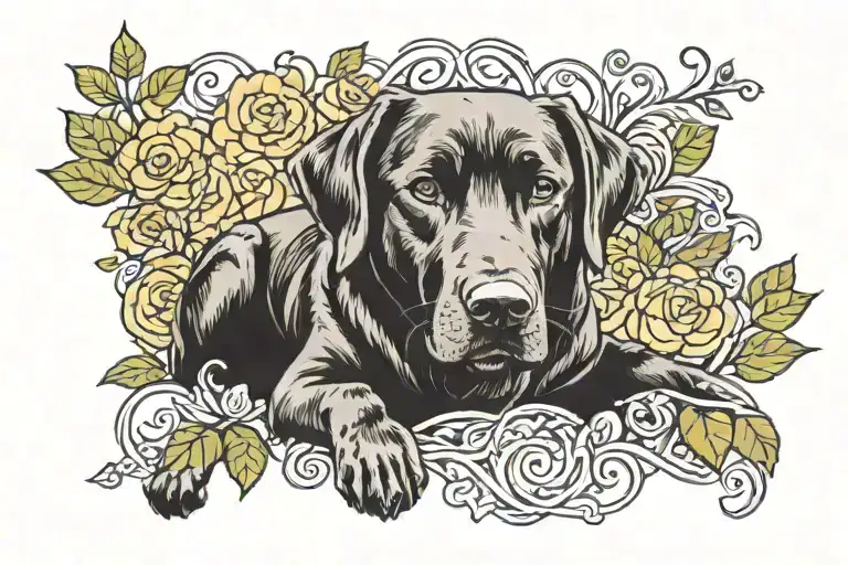 “A soul immersed in yoga, surrounded by intertwining vines of love. Our Labrador Golden retriever mix adds loyalty and a tattoo design idea