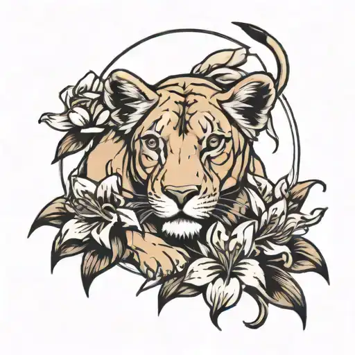 lioness with lilies and leukemia ribbon tattoo design idea