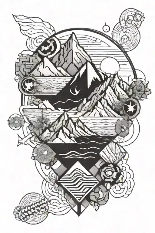 Engineer-themed tattoo featuring geometric shapes inspired by mountain ranges and beach waves tattoo design idea
