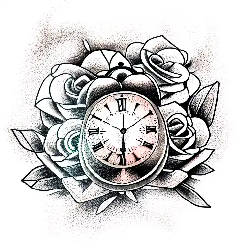 Clock, flowers and bird autumn  tattoo design idea