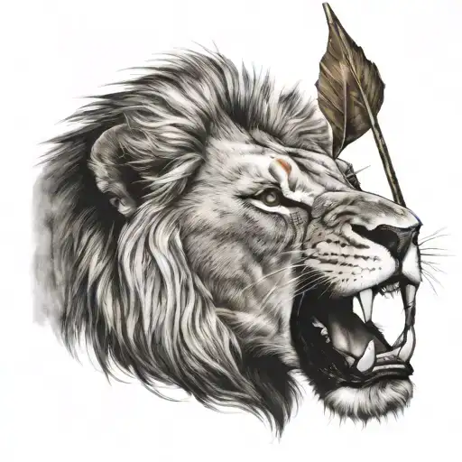 lion biting on arrow and looking away tattoo design idea