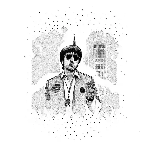 A dotwork tattoo of Tony Montana's iconic quote 'The world is yours' with a city skyline tattoo design idea
