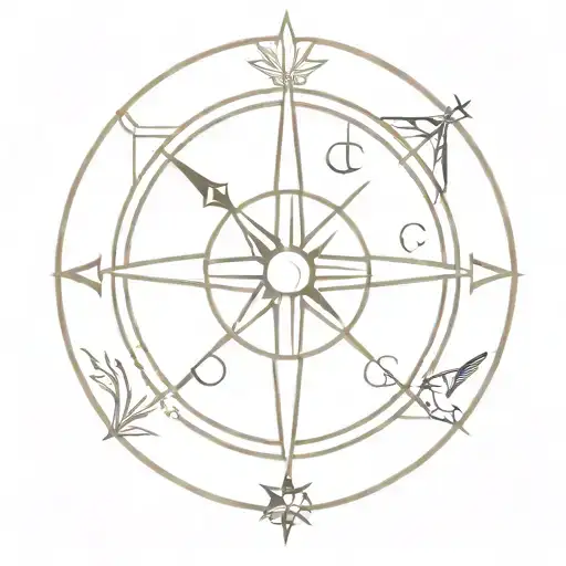 A minimalist tattoo of a compass with hunting-themed symbols tattoo design idea