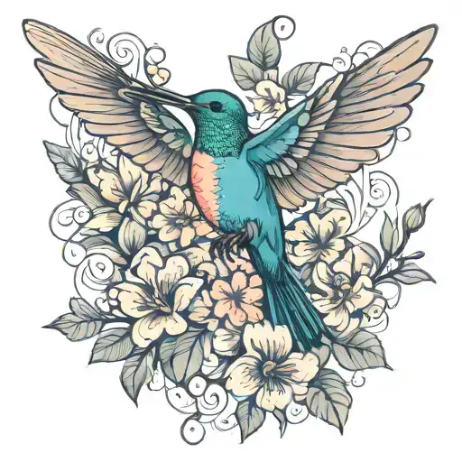humming bird with flowers surrounding tattoo design idea