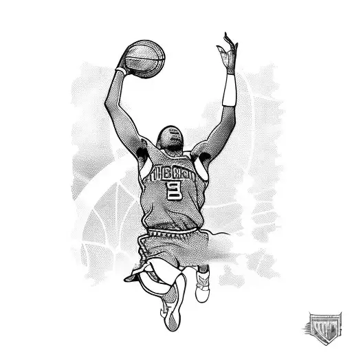 A blackwork tattoo of a basketball player dunking over a skyline of Chicago tattoo design idea