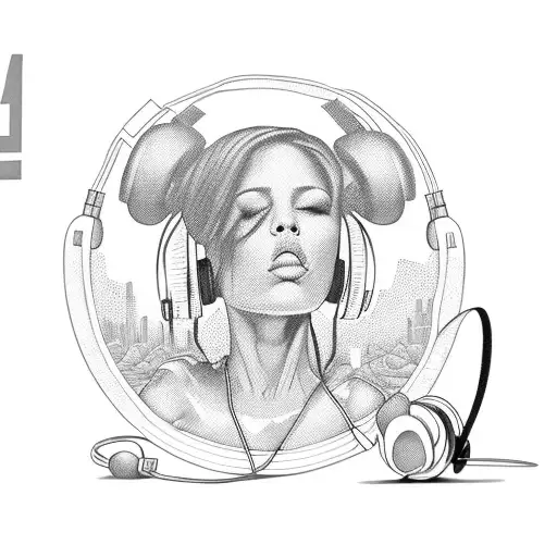 A graffiti-style mural of a fit woman wearing sneakers and headphones, surrounded by Chicago landmarks tattoo design idea