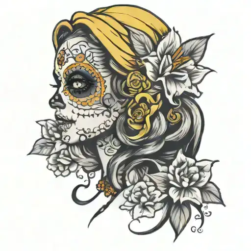 realistic day of the dead women with daffodil flower hair tattoo design idea