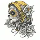 realistic day of the dead women with daffodil flower hair tattoo design idea