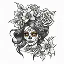 realistic day of the dead women with daffodil flower hair tattoo design idea