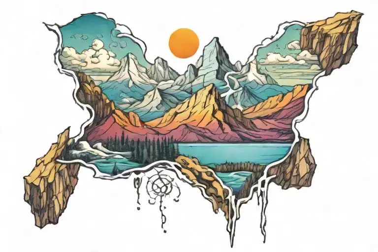 colorful mountain range with athiest symbols hidden within tattoo design idea