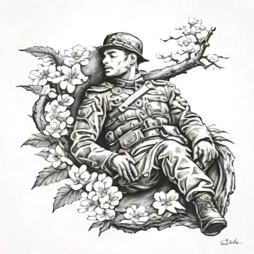 A realistic depiction of a sleeping soldier dreaming of a dragon and cherry blossoms tattoo design idea