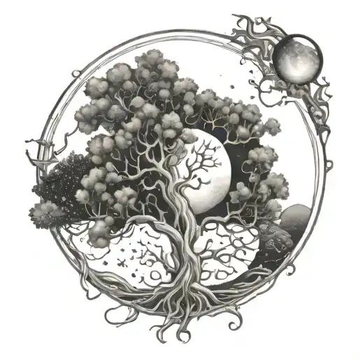 Sun and moon phases incorporated into a tree of life design with Aries symbol hidden within the branches tattoo design idea