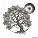 Sun and moon phases incorporated into a tree of life design with Aries symbol hidden within the branches tattoo design idea