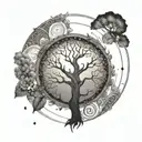 Sun and moon phases incorporated into a tree of life design with Aries symbol hidden within the branches tattoo design idea