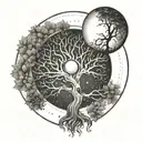 Sun and moon phases incorporated into a tree of life design with Aries symbol hidden within the branches tattoo design idea