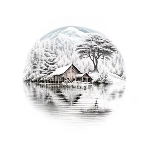 Depict a serene natural landscape with subtle religious symbolism tattoo design idea