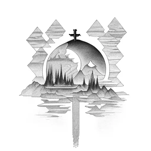 Depict a serene natural landscape with subtle religious symbolism tattoo design idea
