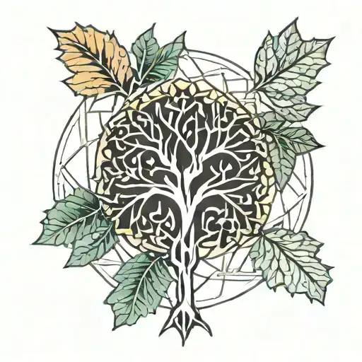 tree of life, oak leaf, geometric mandala design tattoo design idea