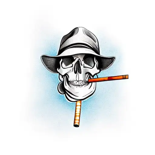 a skull smoking and wearing a hat, on the hat a blue butterfly tattoo design idea