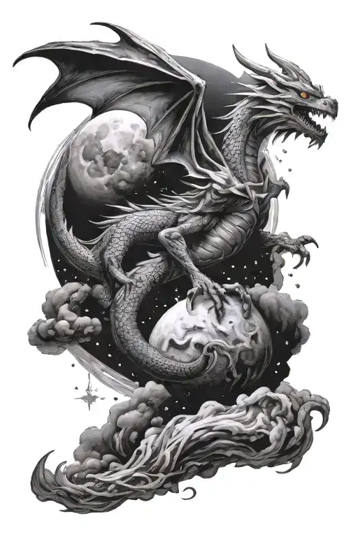 dragon crawling up, a sky with moon and white haired witch, sky becomes space with stars and planets and ufo tattoo design idea