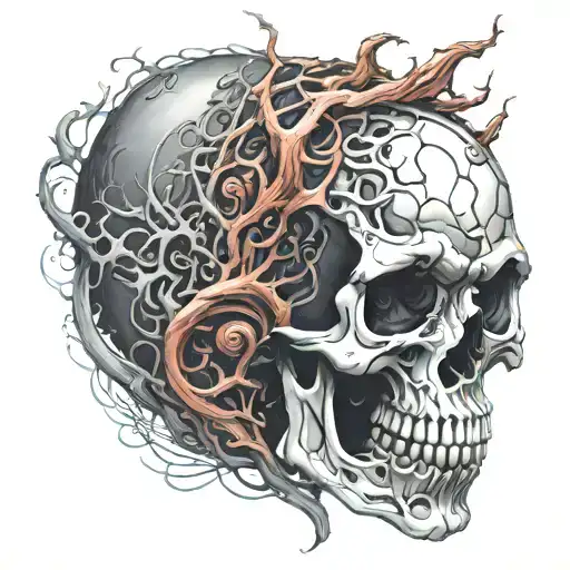tattoo design for the upper arm, make it an evil sinister skull made up of veiny stringy vessels, add a German  tattoo design idea
