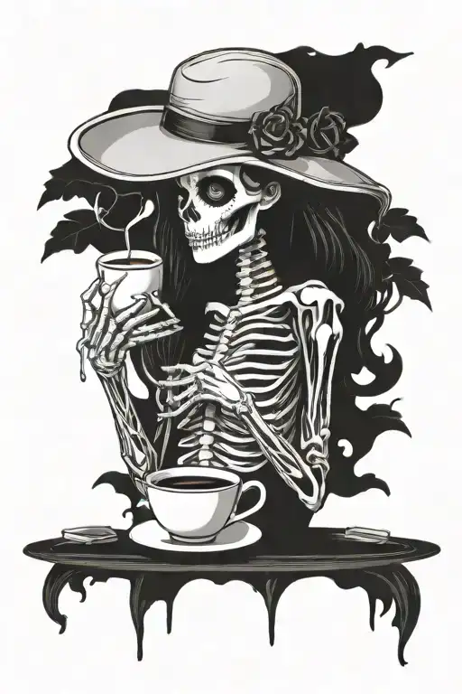 sexy girl skeleton drinking coffee cup tattoo design idea