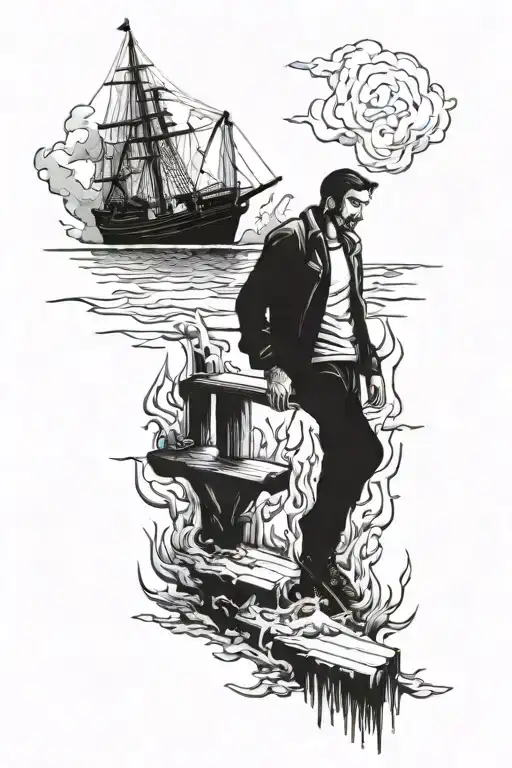 man standing on burning bridge overlooking a sinking ship tattoo design idea