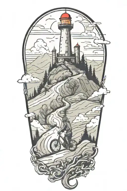 biking up a winding mountain road leading to a tower  tattoo design idea