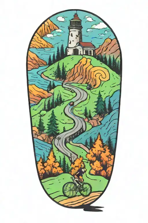 road cycling up a winding mountain road leading to a tower  tattoo design idea