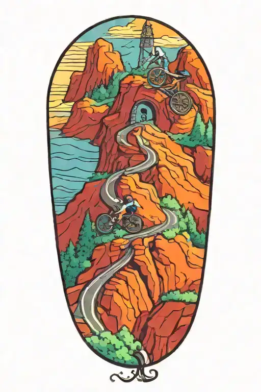 road cycling up a winding mountain road towarda a tower tattoo design idea