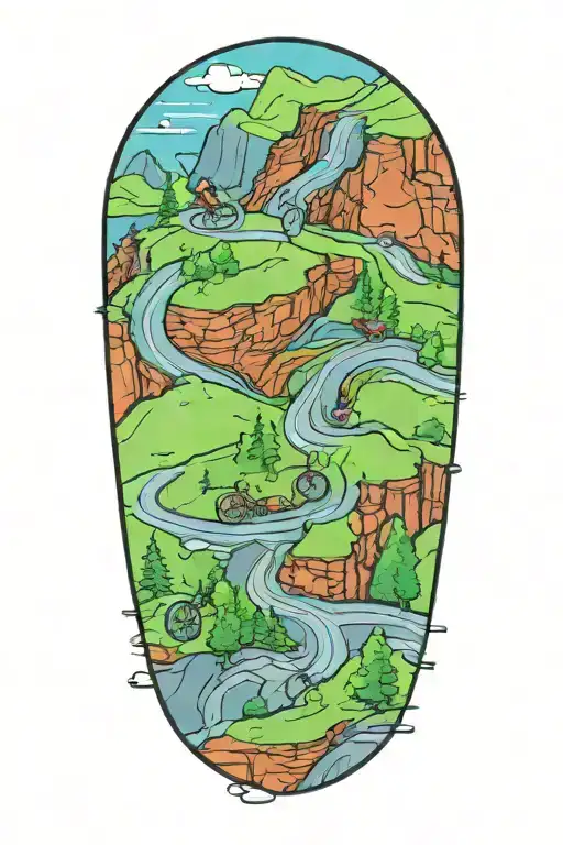 road cycling up a winding mountain road towarda a tokamak tattoo design idea