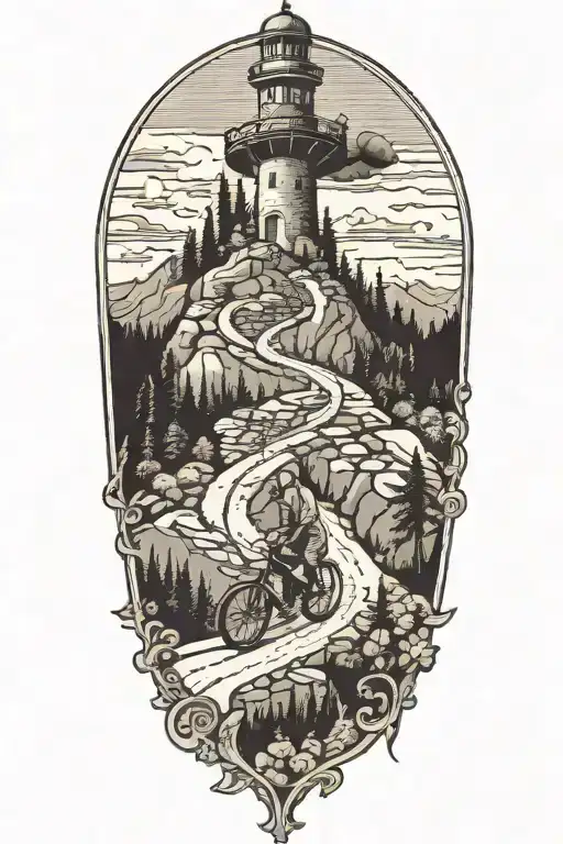 biking up a winding mountain road leading to a tower  tattoo design idea