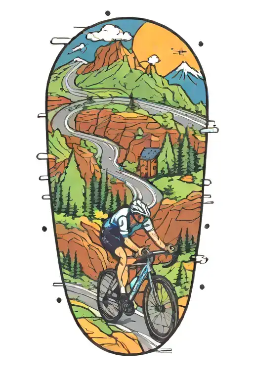 road cycling up a winding mountain road towarda a star tattoo design idea