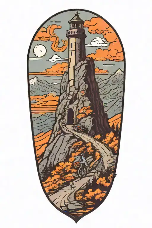 road cycling up a winding mountain road leading to a tower  tattoo design idea