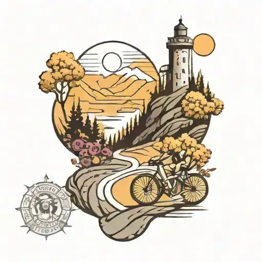 road cycling a winding mountain road towards a tower tattoo design idea