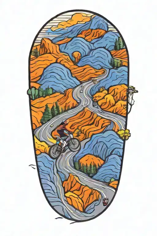 road cycling up a winding mountain road towarda a cross tattoo design idea