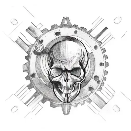 skull with gears as the brain (overthinking), don't put anything around skull, just the skull and gears replacing brain tattoo design idea