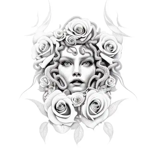 Medusa with roses, crying shiny tears tattoo design idea