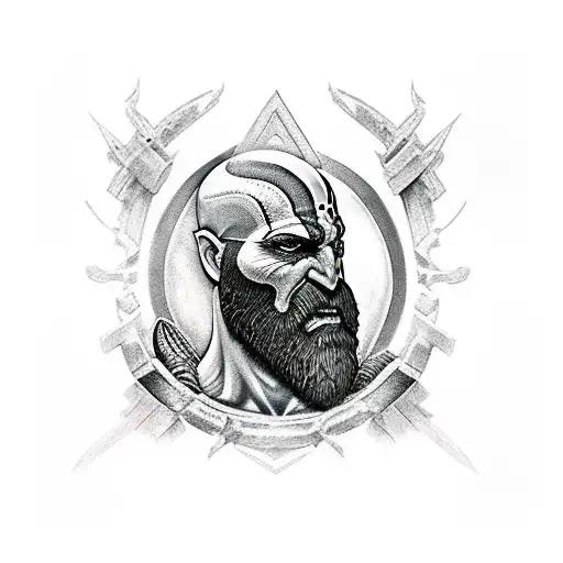 god of war kratos in trash polka and realism stly tattoo design idea