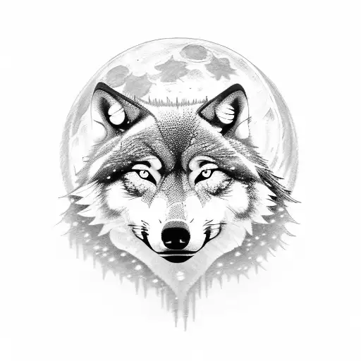 A majestic wolf howling at the moon in a snowy Montana landscape surrounded by fir trees and mountains tattoo design idea