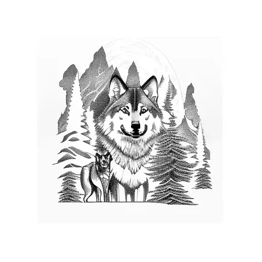 A silhouette of a dog trainer with a wolf and a dog sitting on either side, framed by towering fir trees and mountains tattoo design idea